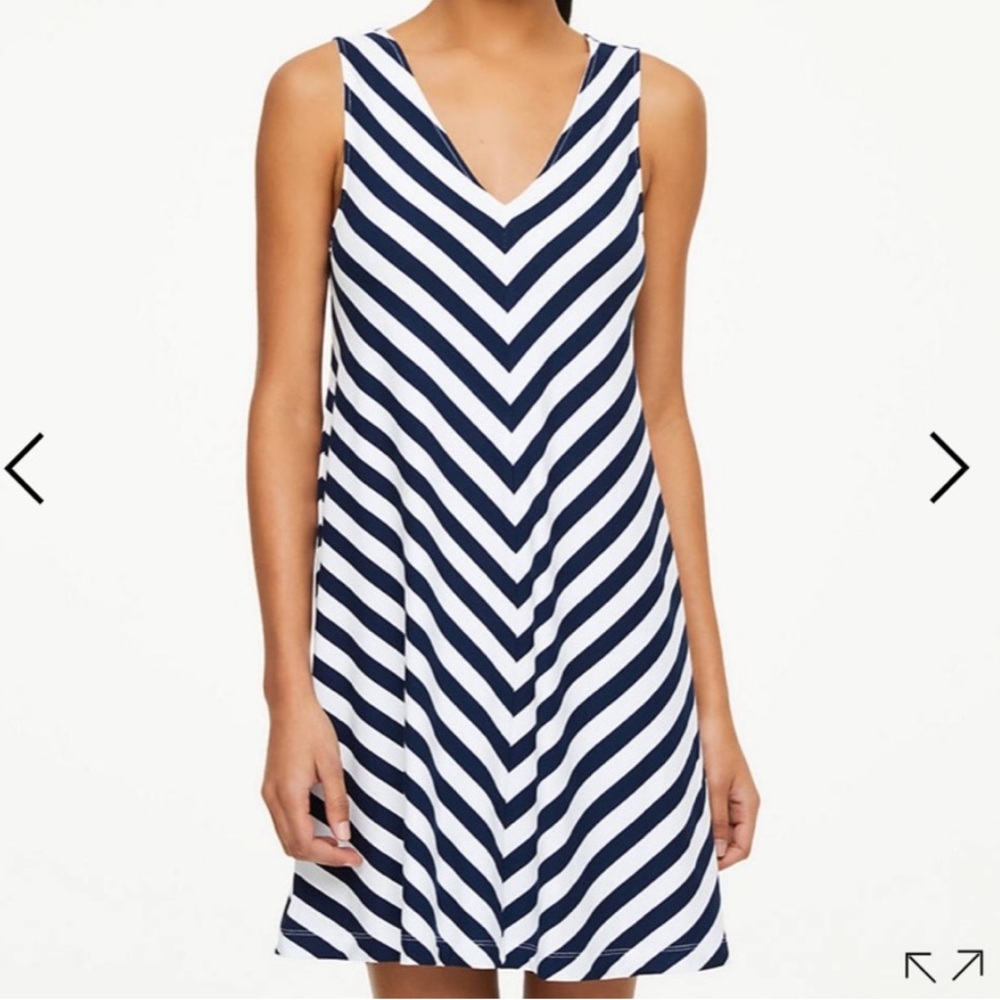 Loft navy blue and white striped vneck swing dress